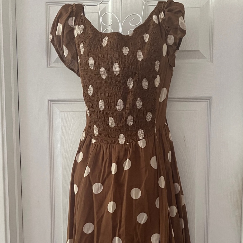 Free People Brown Midi Dress with Cream Polka Dots